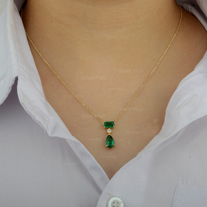 Designer Silver Plus Genuine Earth Mines Emerald Cut & Pear Cut Zambian Emerald Diamond Necklace Solid 14 K Gold - Product Image 5