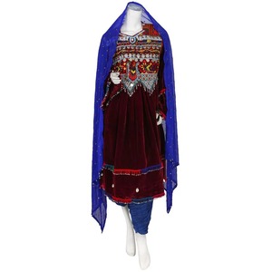 Vestido afgano tradicional de terciopelo granate para mujer corpiño bordado con flecos azul Shalwar manga ancha decoración de encaje Cultural - Product Image 5