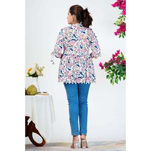 Blusa Peplum de Algodón con Estampado Floral Blanco para Mujer, Mangas 3/4, Estilo Casual Étnico Fusion, Tallas XS-XL, Estilo Coreano Formal, Tejido Popelín - Product Image 4