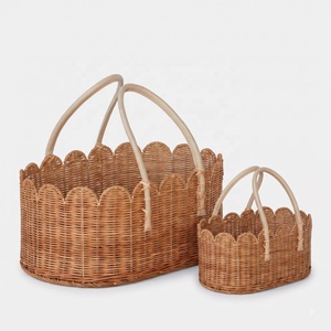 Paniers de rangement en osier avec poignées en cuir, bord festonné, organisateur ovale pour chambre de bébé, Vietnam - Product Image 2