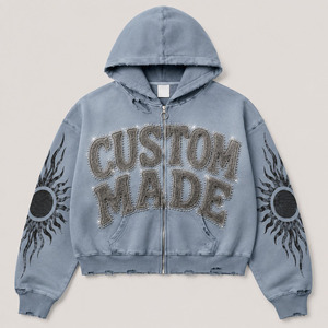 Sudadera con capucha extragrande con logo personalizado, 100% algodón, estilo streetwear desgastado, con bordado en el borde sin rematar, para hombre - Product Image 4