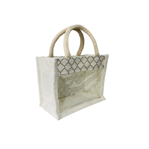 Venta al por mayor Mini yute bolsa de compras Ventana de PVC transparente de calidad superior logotipo personalizado cremallera duradera elegante moda señora comestibles - Product Image 5