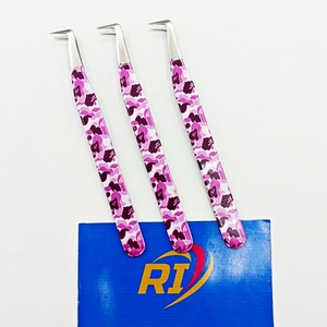 Pince à épiler professionnelle anti-magnétique en acier inoxydable à pointe fine, design camouflage violet, pour extensions de cils, marque privée - Product Image 4