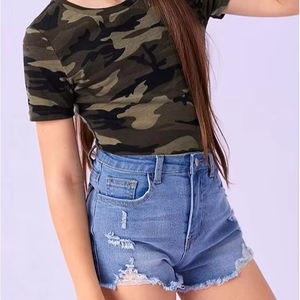 T-shirt d'été décontracté à manches courtes et à col rond imprimé camouflage pour fille Tops pour femme - Product Image 5
