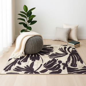 Alfombra de Felpa DarianA con Diseño de Flores Beige, 60x90 cm, Suave, de Poliéster, Delgada, Antideslizante, Lavable a Máquina, con Base de Látex Moderna, Rectangular, para Uso Doméstico - Product Image 2