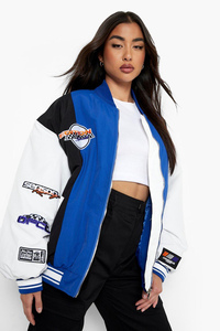 Chaqueta de bombardero universitaria con paneles azul personalizada de longitud completa para mujer, chaqueta de béisbol para mujer, Chaqueta corta de lana y Letterman para mujer - Product Image 2