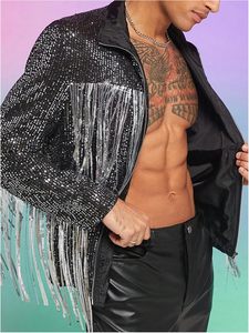 Chaquetas con flecos para hombre, abrigos de manga larga con cremallera y lentejuelas, chaqueta de moda para hombre, con flecos, cierre de cremallera, manga larga - Product Image 4