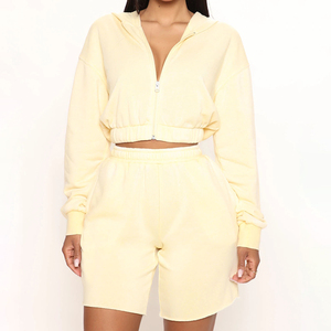 Conjunto de chaqueta y pantalones cortos con cremallera de lana sólida por encima de la rodilla para mujer Logotipo personalizado de manga larga de algodón 100% - Product Image 4