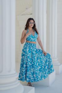 Teal Blossom Bubble Sleeve Twin Set Crossover Crop Top Midi <b>Skirt</b> Aqua Blue Tropical Summer Eco-Friendly Natural Waist Resort - Product Image 5