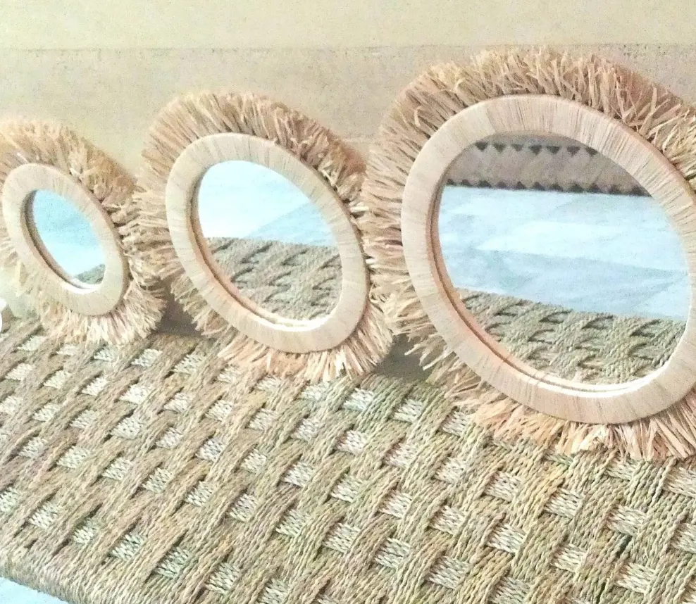Conjunto de 3 espelhos em rafia natural, espelhos feitos à mão na rafia do marrocos, ideia de presente