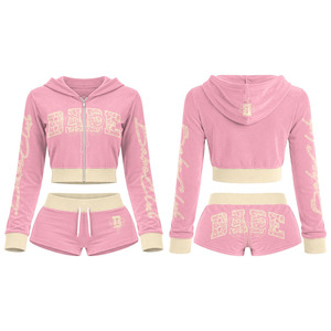 Conjunto de sudadera con capucha elástica de poliéster y spandex premium, pantalones cortos tipo booty con panel en contraste, logotipo con transferencia térmica, camiseta 100% algodón y pantalones cortos tipo booty. - Product Image 6