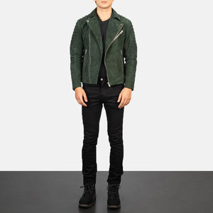<b>Men's</b> Green <b>Suede</b> Reversible Breathable Moto <b>Jacket</b> Turn-down Collar Zipper Closure Slim Fit Regular Length Winter Wear - Product Image 5