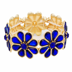 Braccialetti con fiori elasticizzati in vetro blu AB bracciale in cristallo placcato oro accessorio gioiello elegante unico - Product Image 5