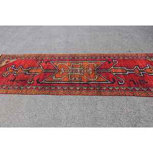 3.4x10.7 ft Vintage Rug, Turkish <b>Runner</b> Rug, <b>Red</b> Orange Floral Rug - Product Image 3