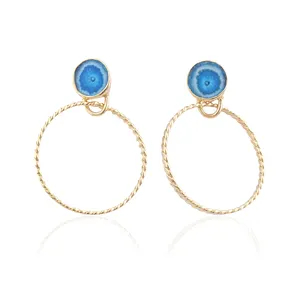 Newest design genuine sky blue solar quartz big twisted wire hoop stud drops brass 18k gold plated round shape gemstone earrings