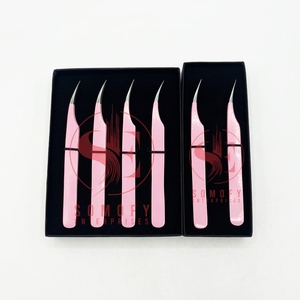Pinzas de extensión de pestañas personalizadas de color rosa claro, punta de volumen de sujeción fuerte de acero inoxidable recta delgada y delgada, Etiqueta Privada - Product Image 5