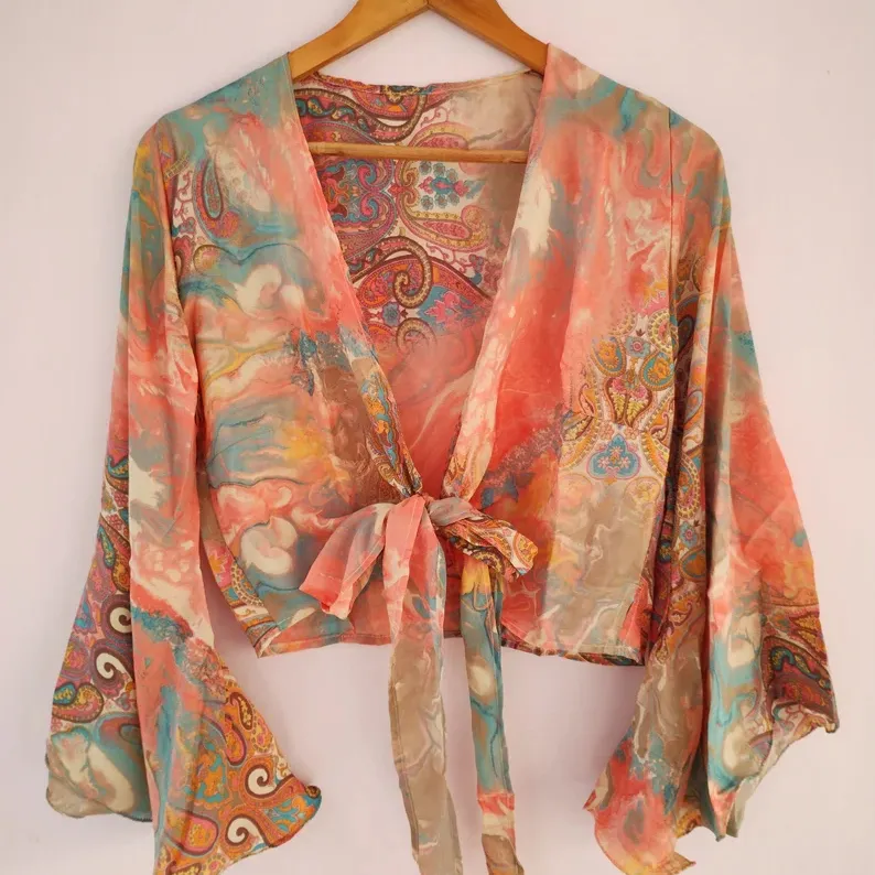 New Style Bell Sleeves Silk Wrap Top Women Wrap Around Silk Tunic Top for Summers