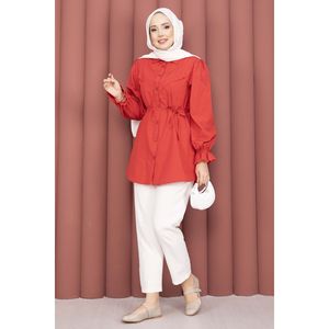 Chemise Rouge Chic Décontractée à Lacets avec Détail Fisto en Tissu Popeline Satinée Tricotée, Tissée Quotidienne, Taille XL pour Printemps/Été - Product Image 4
