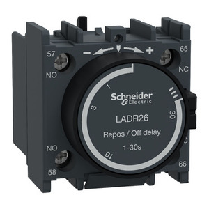 Pour les minuteurs SCHNEIDER ELECTRIC LADR26 TeSys Deca, bloc de contacts auxiliaires 1NO+1NC avec temporisation de 1 à 30 secondes, bornes à anneaux frontales. - Product Image 1