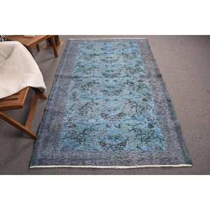 Alfombra de lana turca Vintage de 4x7 pies, alfombra de área de retazos azul y negra, respaldo de látex, tejido plano para decoraciones para sala de estar, uso en pasillo - Product Image 1