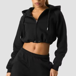 Vêtements de sport pour femmes, hauts courts à manches courtes en coton ajustables à la taille, col montant, vêtements de sport amples, sweat-shirt à capuche - Product Image 5