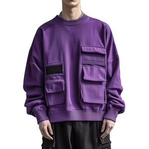 Zohan Creations Logo personnalisé hommes col rond épaules tombantes manches longues coton poche plaquée conception surdimensionné Cargo à capuche - Product Image 1