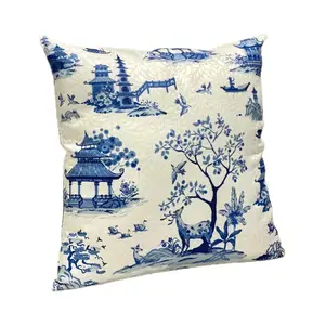 Housse de coussin imprimée pagodes bleues classiques et cerf Art Latex vente en gros textile de maison personnalisé art moderne peinture décorative