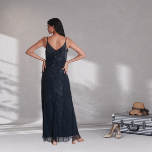 Vestido de Noche Azul Marino elegante de alta calidad con cuentas a mano con cuello en V y tirantes finos vestido de fiesta Formal de lujo - Product Image 3