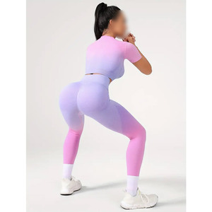 Workout <b>Crop</b> Top High Waisted Yoga <b>Leggings</b> Set, Elastic & Activewear Breathable Cotton T-Shirt And <b>Leggings</b> Set - Product Image 2