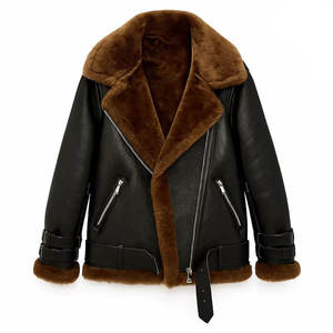 Elegante Chaqueta de Cuero con Forro de Borrego para Invierno, con Logotipo Frontal, Forro de Felpa Transpirable Tejido, Ecológica y Suave al Tacto - Product Image 1