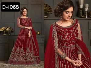 Ropa étnica india Red de mariposa pesada con bordado y cordón Trabajo Ropa DE BODA Vestidos Anarkali con bordado Trabajo Dupatta - Product Image 3