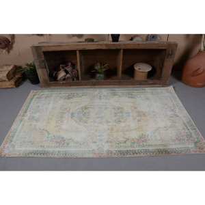 Vintage 3.6 X 6.6ft Yellow Turkish Wool Rug Handmade Classic Large Area Abstract Patchwork Rectangular Hallway Design Latex - Product Image 4