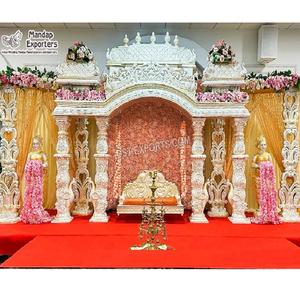 Elegant <b>White</b> <b>Gold</b> Manavarai <b>Saree</b> Function Stage Marvelous Hindu Wedding Ring Funtion Event Stage Elegance Wedding Party Stage - Product Image 1