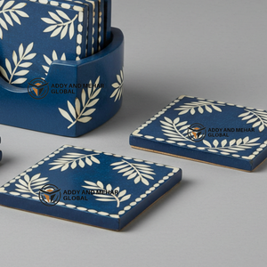 Indian Supplier Offers Handmade Blue & <b>White</b> Bone Inlay <b>Coaster</b> Set with Holder Floral Pattern Drink <b>Coasters</b> - Product Image 5