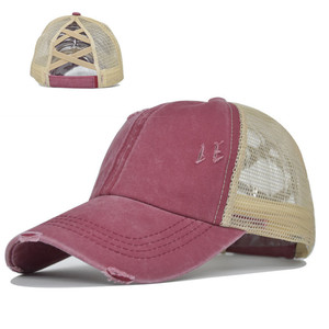 Vente en gros Chapeaux de baseball en denim de coton lavé de qualité supérieure personnalisés de dernière conception pour femmes avec dos en maille Casquettes de queue de cheval - Product Image 2