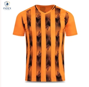 เสื้อฟุตบอลผู้ชายสีส้มพิมพ์ลายแบบ Sublimated ยี่ห้อ INDEX APPAREL คอวี แขนสั้น ลายทาง ระบายเหงื่อได้ดี ทรงปกติ สำหรับผู้ใหญ่ ใส่ได้ทุกฤดู - Product Image 1