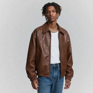 <b>Men</b> Brown <b>Leather</b> Bomber <b>Jacket</b> Oversized Fit Vintage Style Zip Elastic Cuffs Casual Streetwear Winter Fashion Stand - Product Image 3