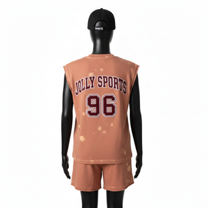 Women <b>Sleeveless</b> Mesh Jersey T <b>Shirt</b> And Short Set Soft Breathable Fabric Washed Brown Heat Press Logo 100% Cotton Women's Sets - Product Image 2