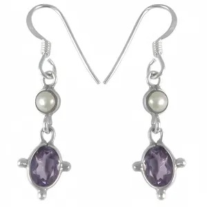 Boucles d'oreilles pendantes en argent 925 avec améthyste et perle pour femme, cadeau - Product Image 3