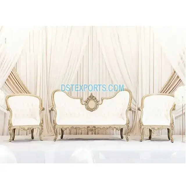 Set Sofa Panggung Pernikahan Cantik, Set Sofa Pernikahan Cantik India Kursi Empuk & Kursi untuk Pasangan Pengantin Putih & Emas Modern Pernikahan Raja