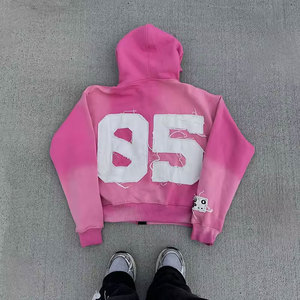 Sweat-shirt unisexe rose à capuche courte, fermeture éclair sur le devant, broderie lettres effet usé, coupe oversize, style décontracté, collection automne - Product Image 2