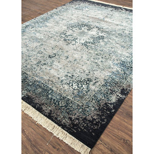 Alfombras de Lana y Seda Azules Hechas a Mano del Lejano Oriente, Modelo Skrt-814, Rectangulares, con Medallones y Patrones Abstractos para el Hogar y la Sala de Estar - Product Image 1