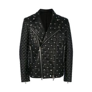 Veste tendance en cuir de vachette matelassé à fermeture éclair cloutée et rivets argentés pour hommes - Product Image 1