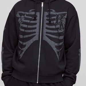 เสื้อมีฮู้ดสำหรับผู้ชายสีดำโอเวอร์ไซส์แบบรูดซิปพิมพ์ลายโครงกระดูกเสื้อผ้าแนวสตรีทแบบเรียบง่ายโลโก้ออกแบบได้ตามต้องการ - Product Image 1