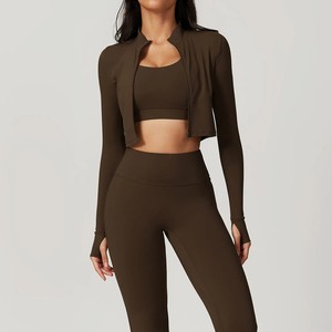Tenue de yoga pour femme trois pièces costume gilet + pantalon + vestes ensemble exercice près du corps Fiess porter course élastique survêtement d'entraînement - Product Image 3