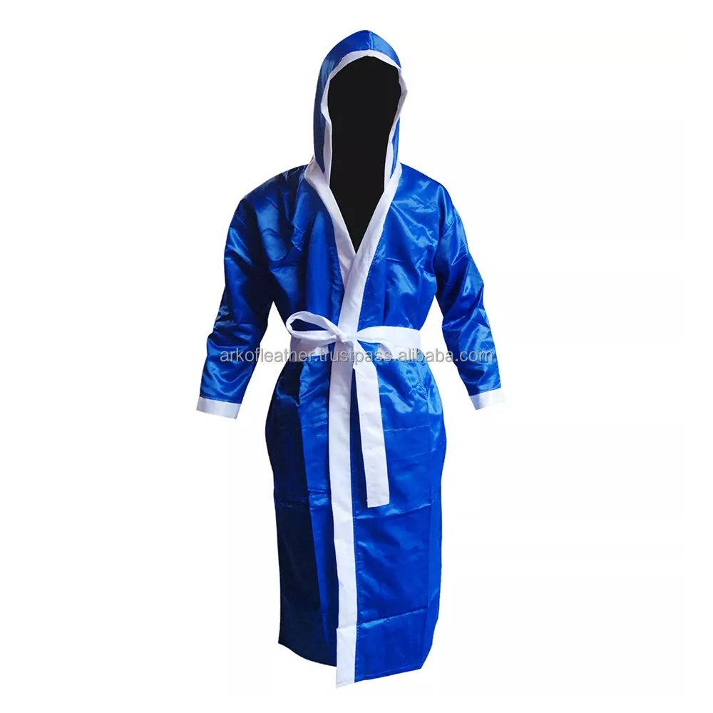 Best Selling Boxing Robes Polyester Fabric Blue Color And White Border Training Wears Suit Boxing Gown
