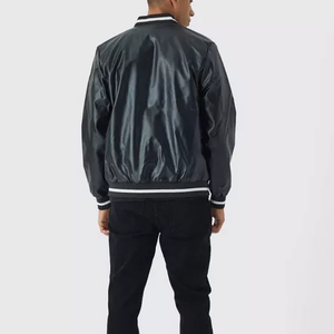 OEM personnalisé hommes noir en cuir PU Varsity Full Faux-cuir Baseball Bomber Coat rayé côtelé Snap avant Jacket - Product Image 3