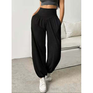 Pantalones de viscosa de dos hilos con cintura alta, bolsillos fruncidos y corte ancho para mujer, 32470 - Product Image 3