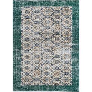 Vintage Green Hand Knotted Wool <b>Rug</b> Pae-2435 with Floral Pattern for Home Use - Product Image 1