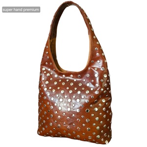 Sac Hobo en Cuir Marocain Fait Main Clouté - Grand Sac Fourre-Tout Vintage à Rivets Grande Capacité Bandoulière Unique Fermeture Magnétique Or Foncé - Product Image 3